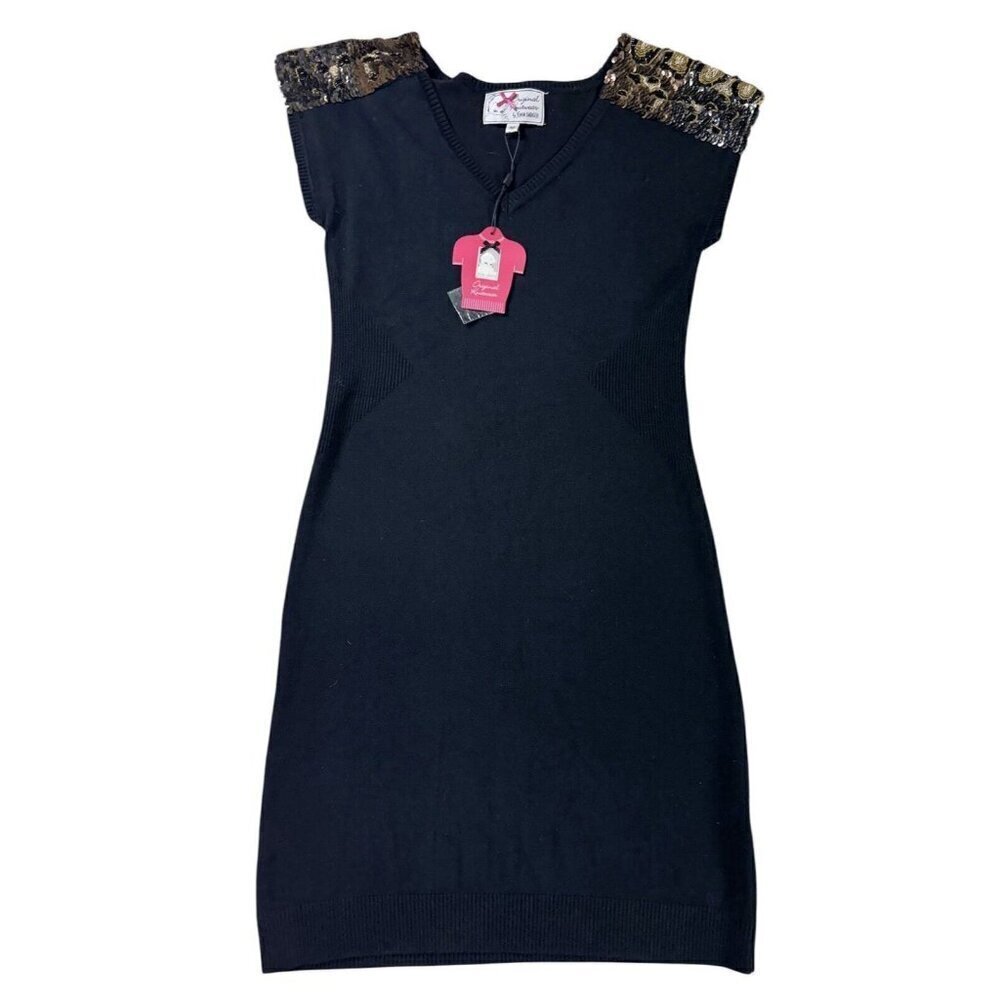 NWT Yoana Baraschi Original Knitwear Black Sequin Shoulder V-Neck Dress Size M